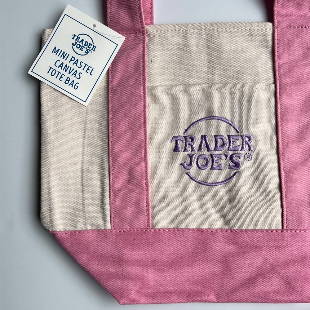 Trader Joe's Pink & Cream Mini Canvas Tote with Mochi Minster Keychain Bundle - Picture 3 of 6